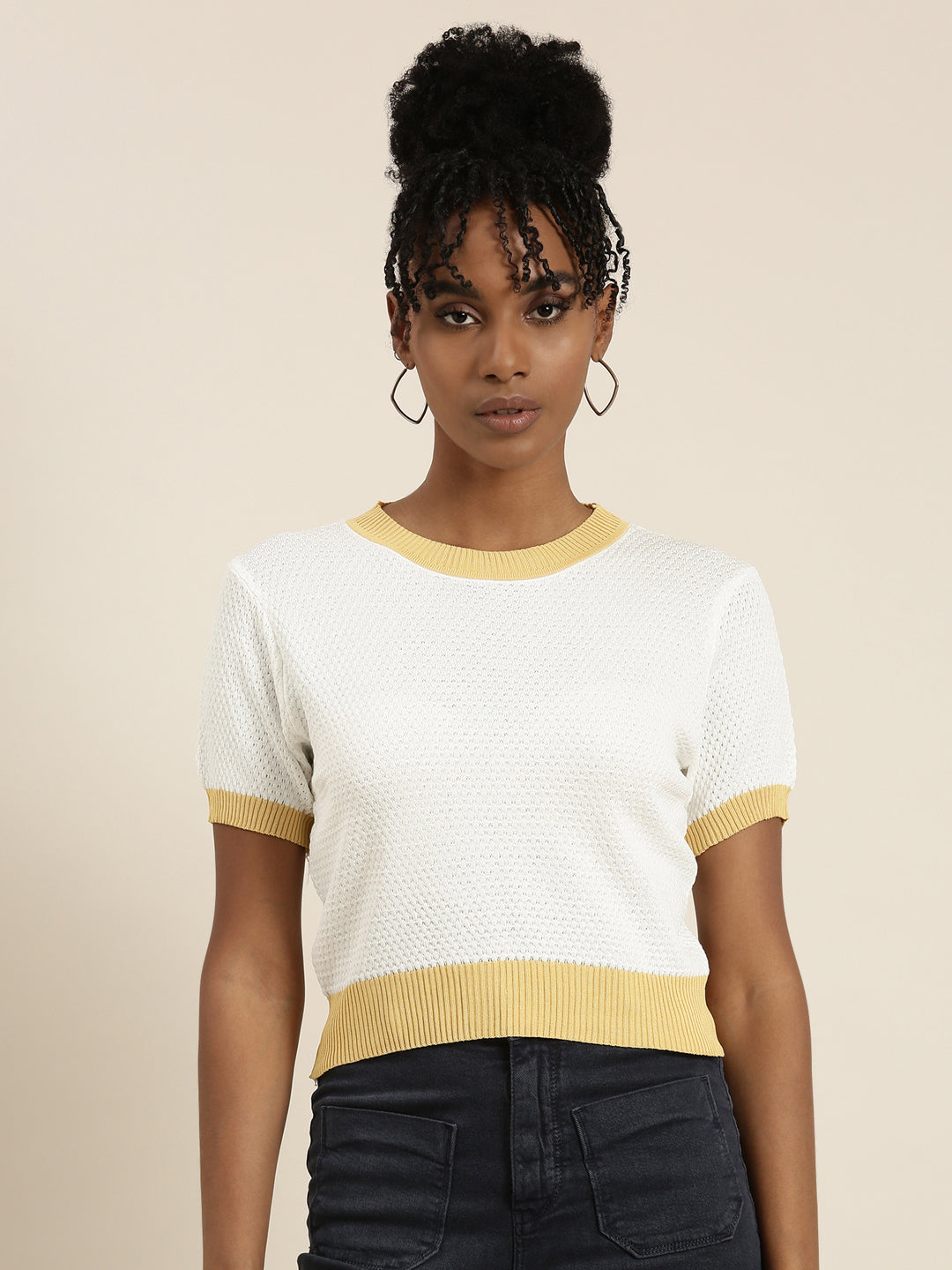 Women's White Round Neck Self Design Top