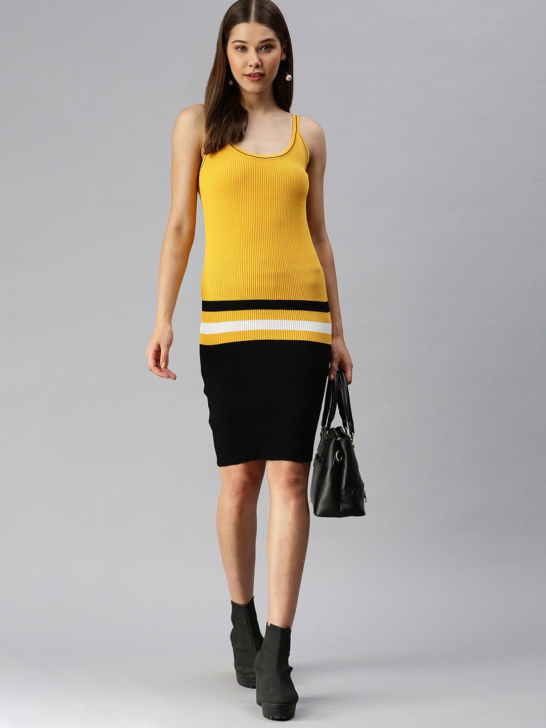Women's Yellow Striped Bodycon Above Knee Sleeveless Dress