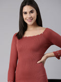 Women's Rust Self Design Boat Neck Bodycon Mini Dress