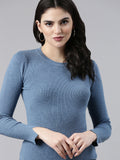 Women's Blue Round Neck Long Sleeves Top