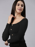 Women's Ribbed Black Long Sleeve Button Front Top with Ruffled Hemline