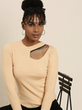 Women's Tan Round Neck Cut Outs Top