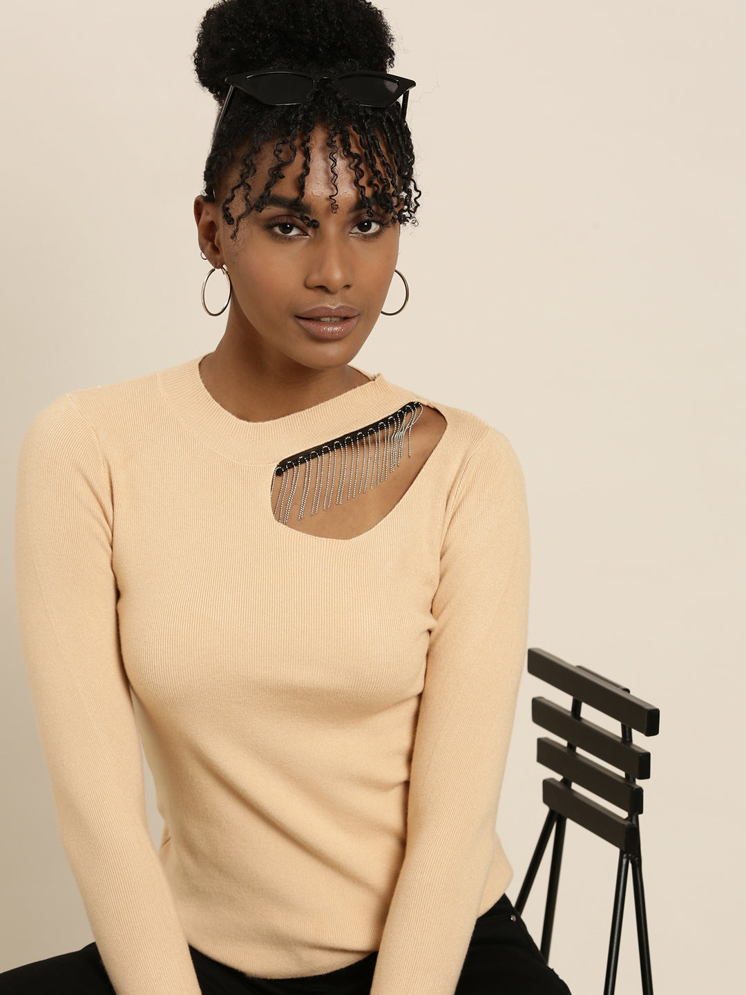 Women's Tan Round Neck Cut Outs Top