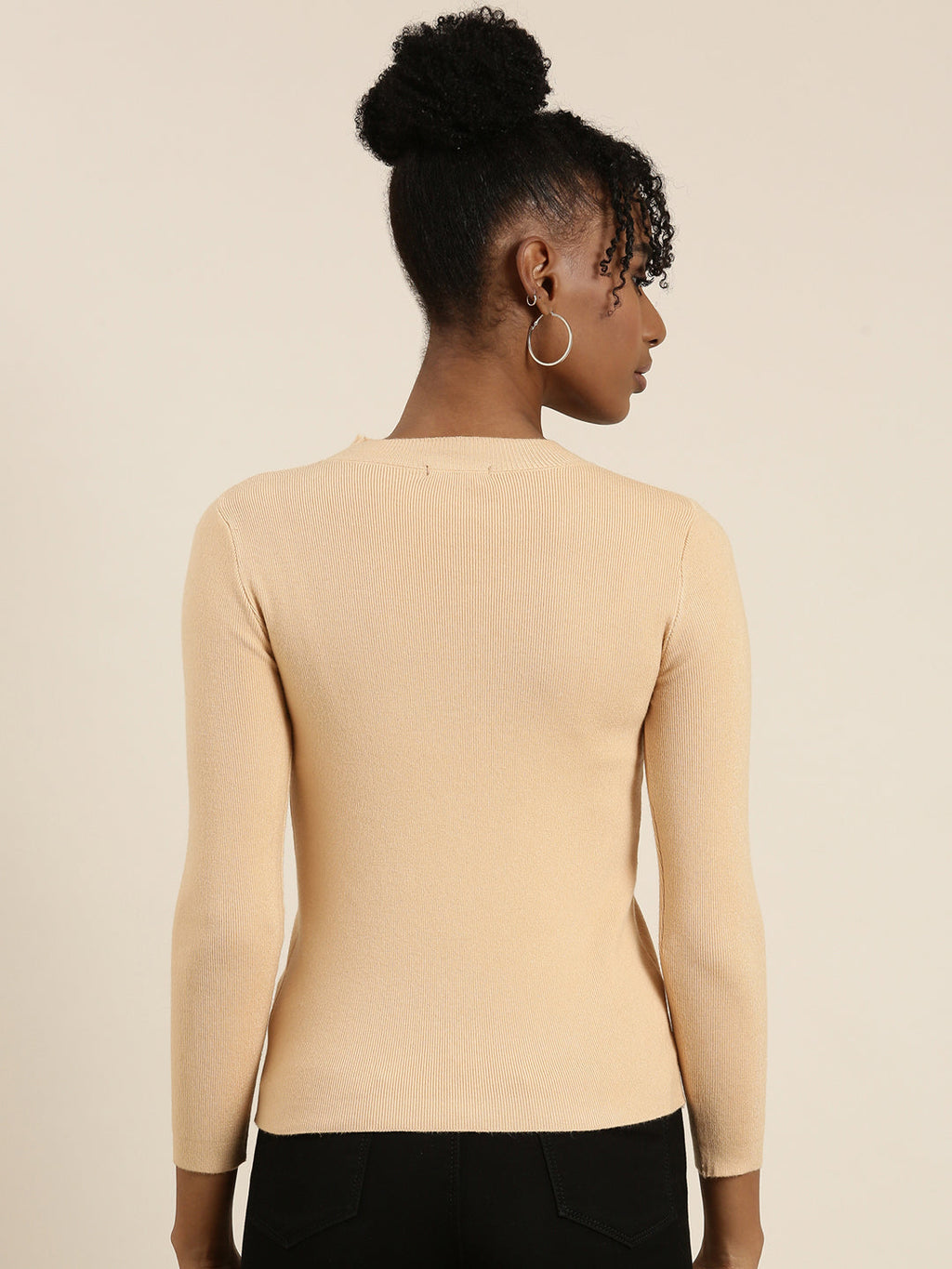 Women's Tan Round Neck Cut Outs Top