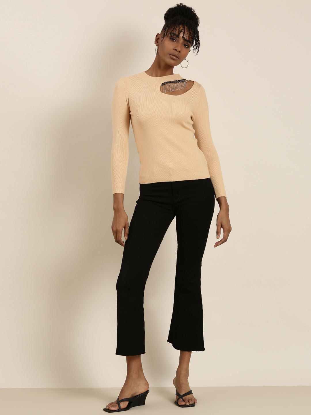 Women's Tan Round Neck Cut Outs Top