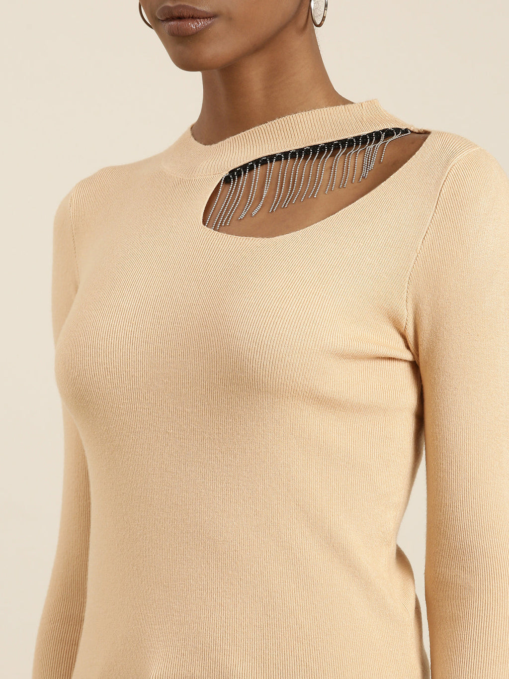 Women's Tan Round Neck Cut Outs Top