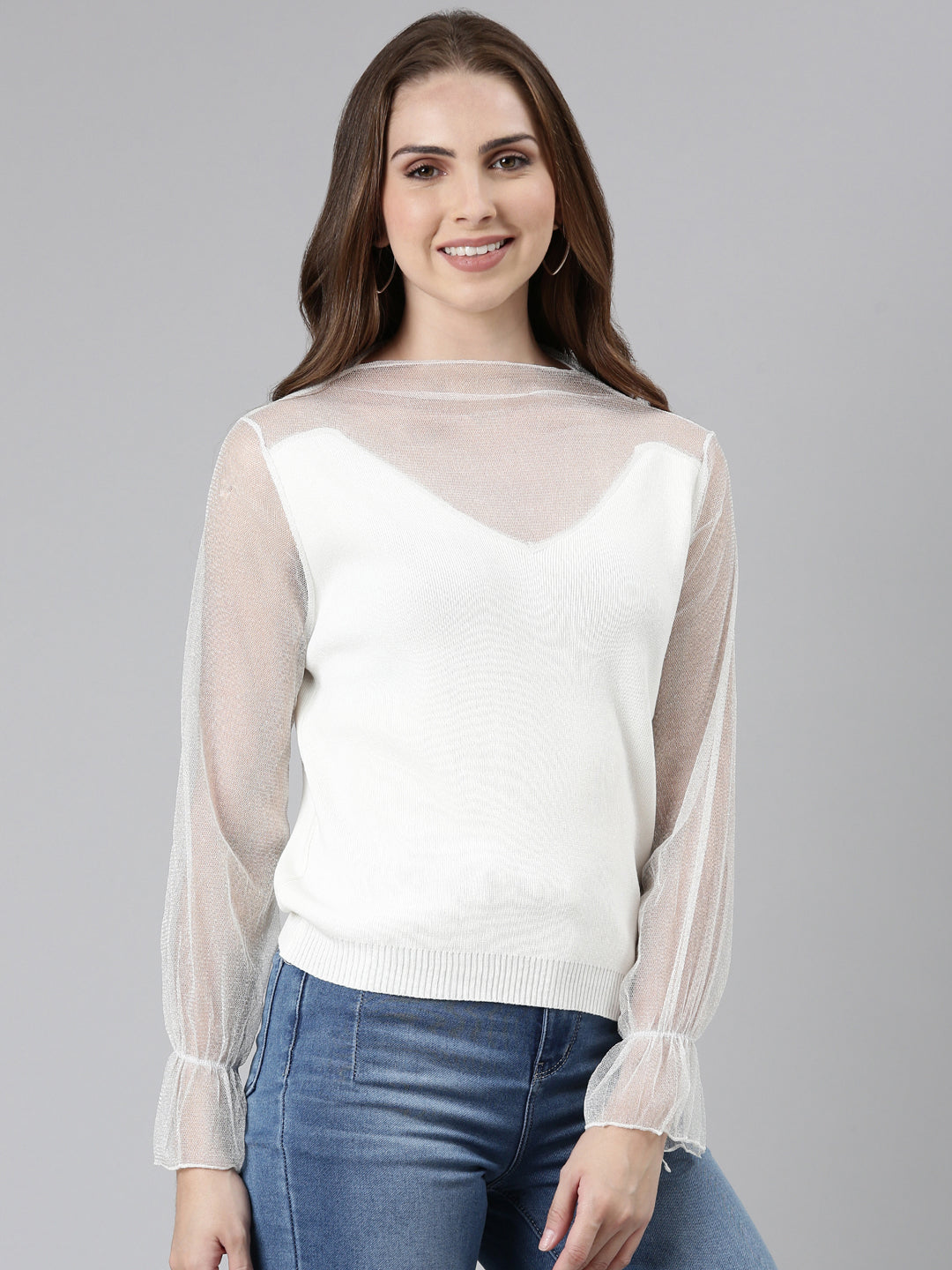 Women's White High Neck Net Top