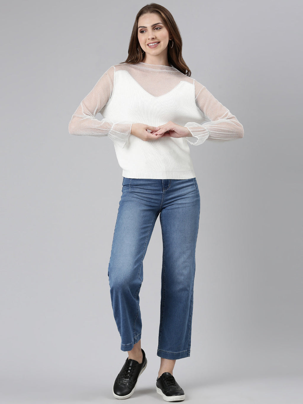 Women's White High Neck Net Top