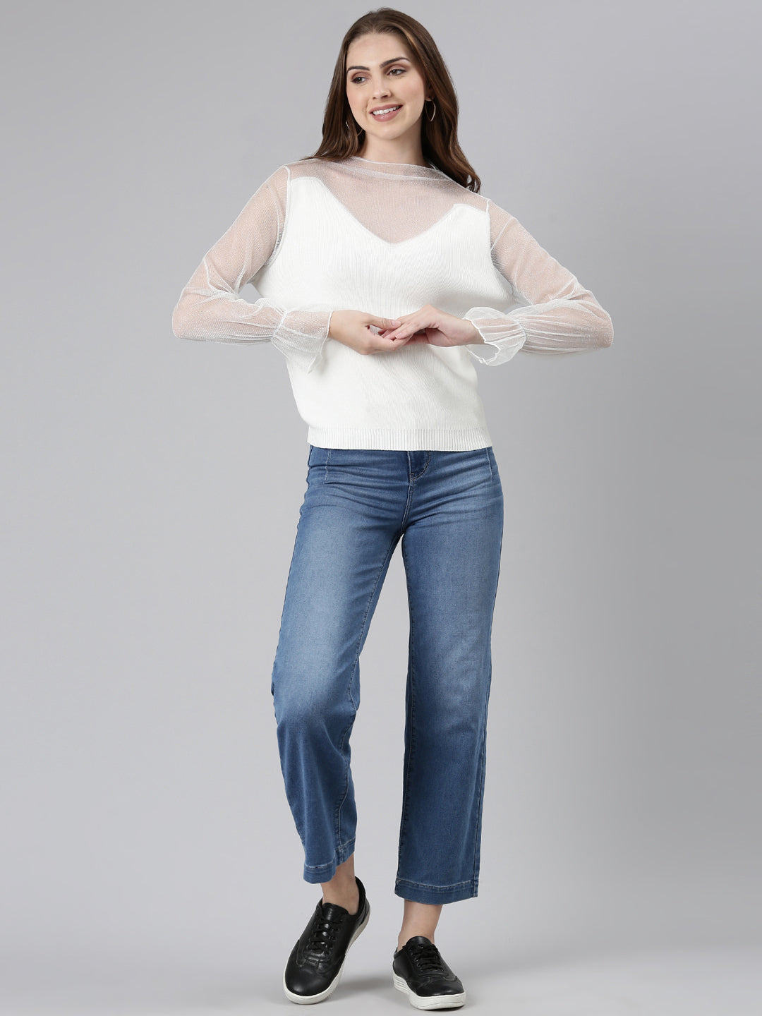 Women's White High Neck Net Top