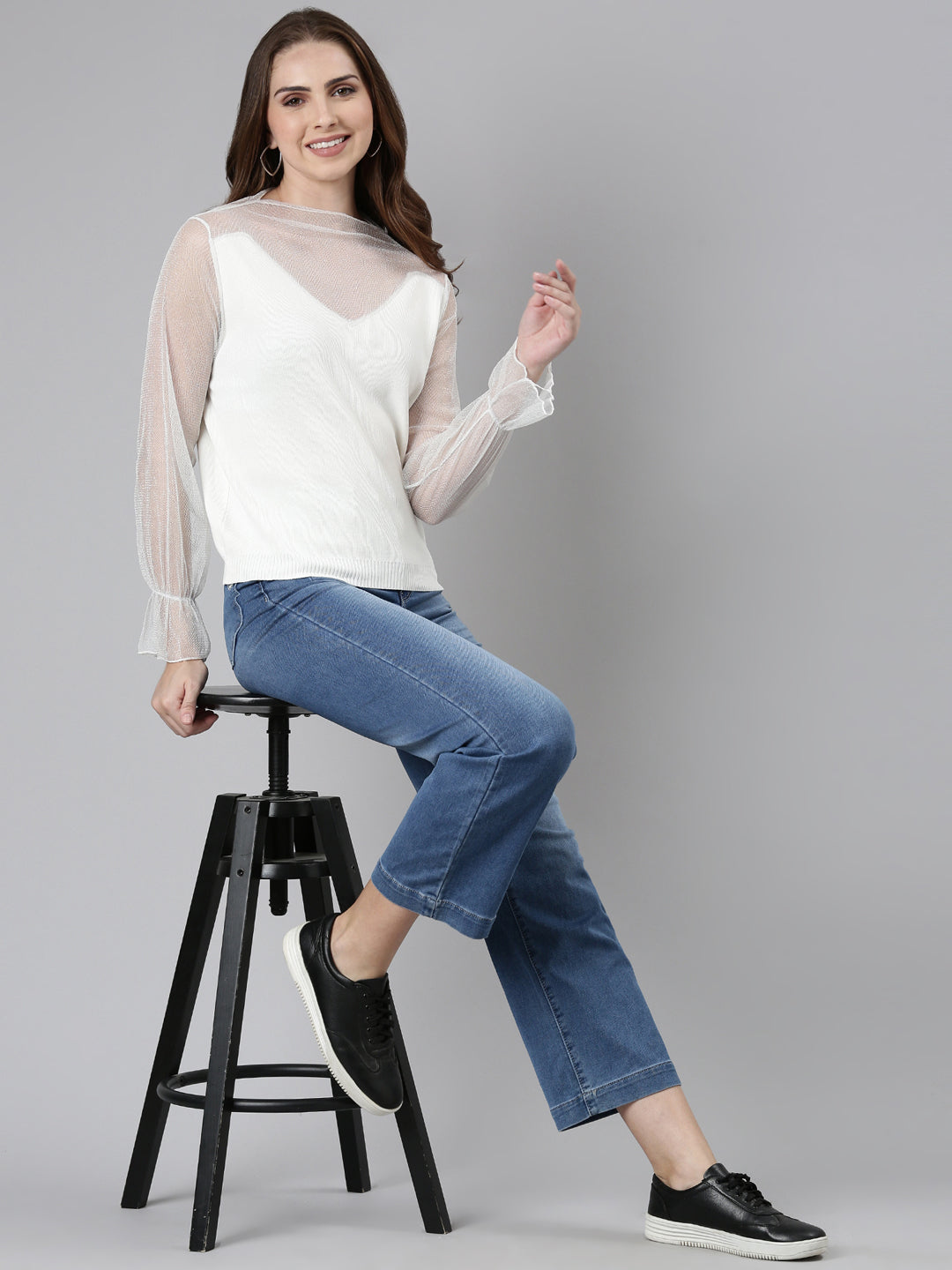 Women's White High Neck Net Top