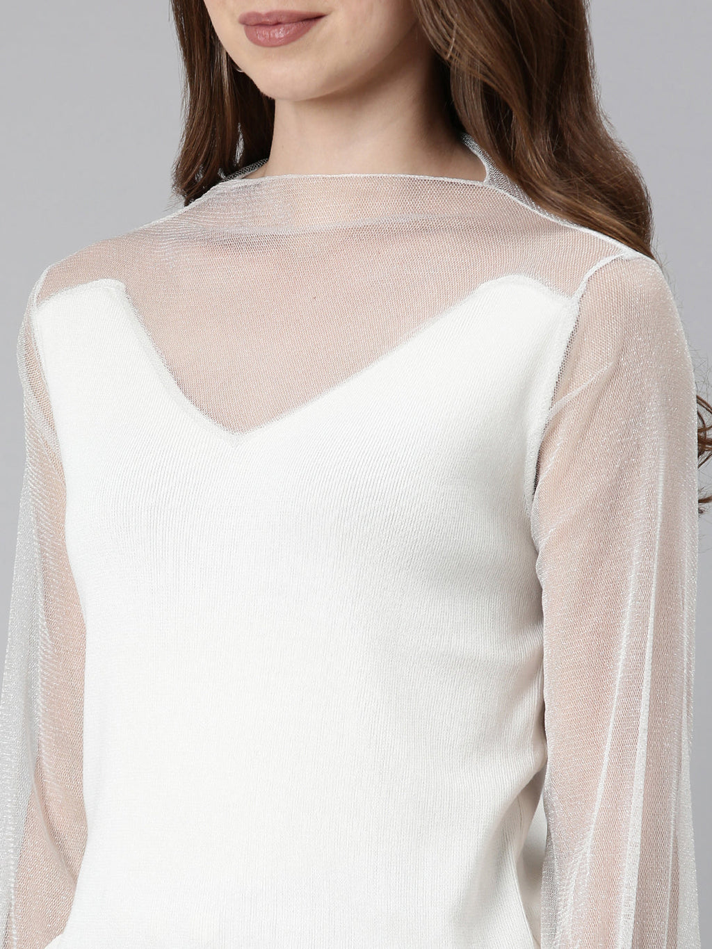 Women's White High Neck Net Top