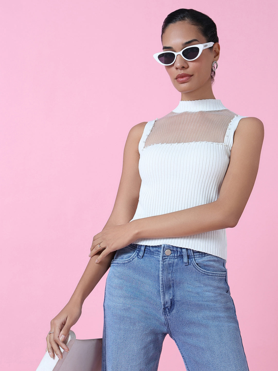 Women's Casual White Solid Fitted Top
