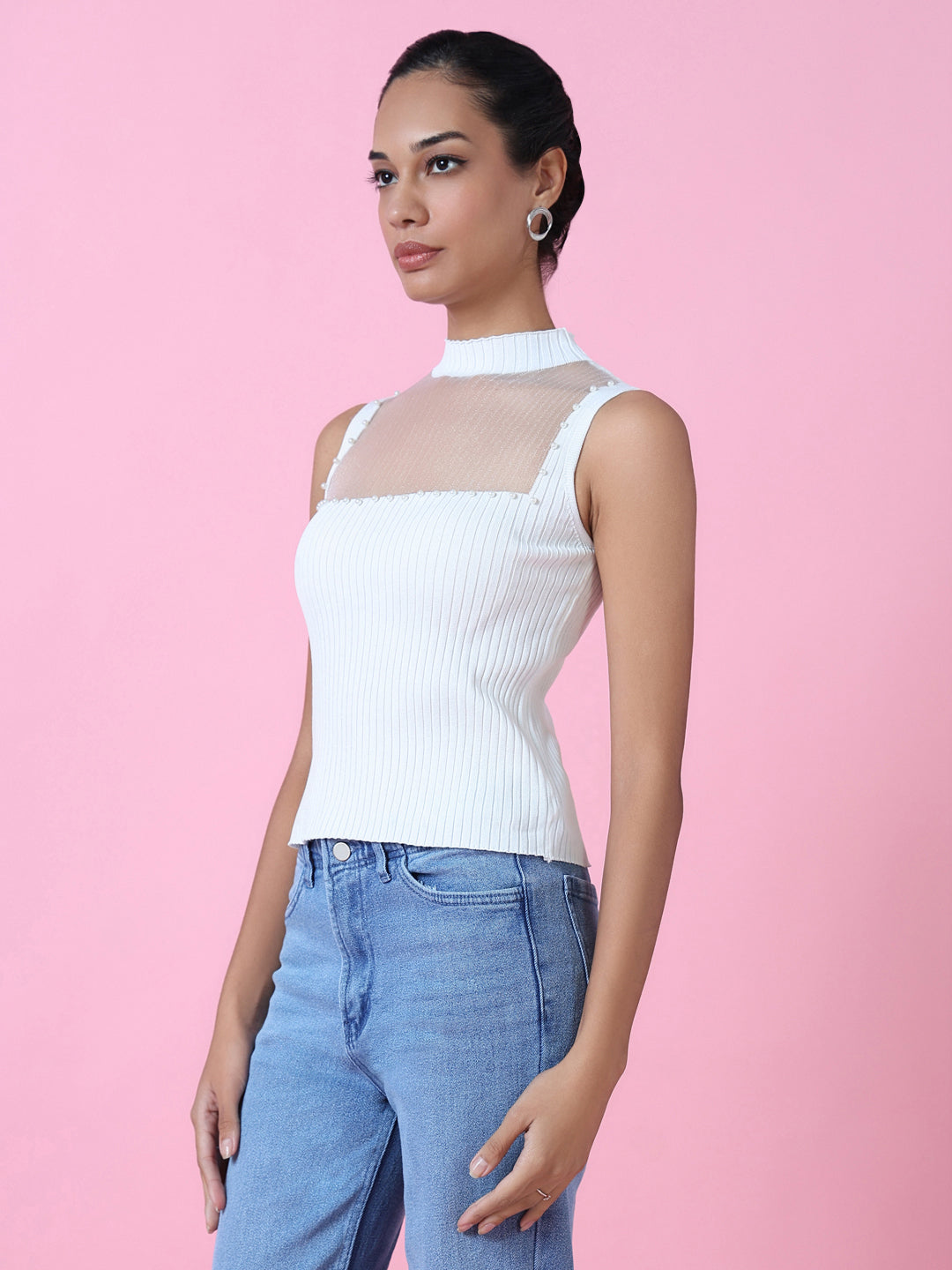 Women's Casual White Solid Fitted Top