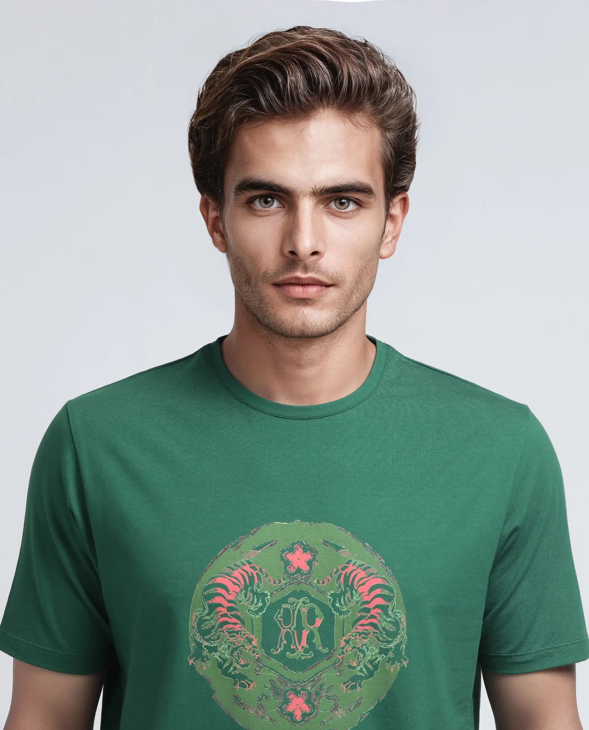 Rare Rabbit Men's Tig Olive Cotton Blend Graphic Print Regular Fit Half Sleeve Crew Neck T-Shirt