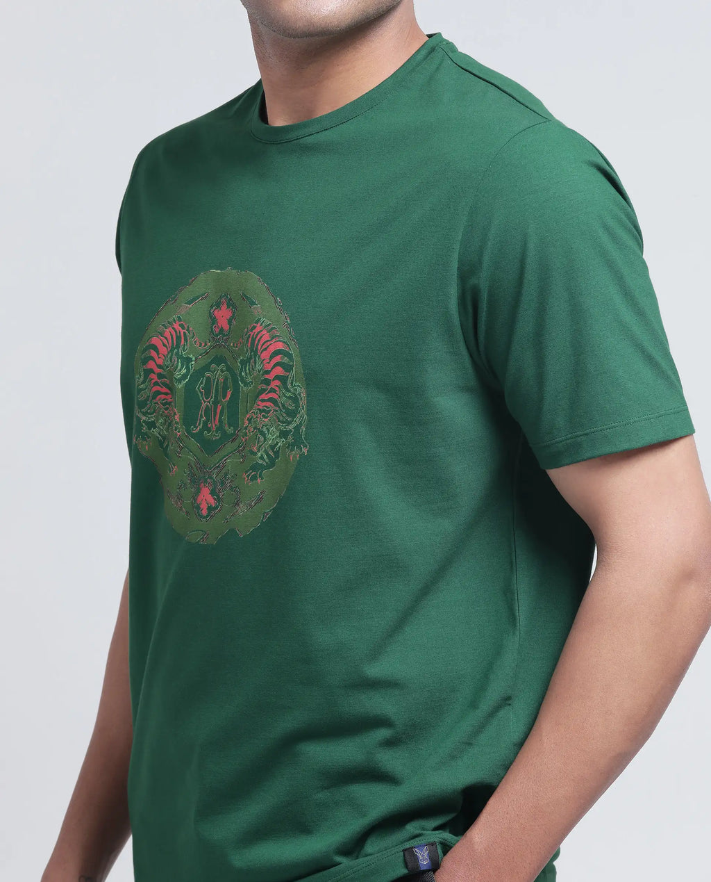 Rare Rabbit Men's Tig Olive Cotton Blend Graphic Print Regular Fit Half Sleeve Crew Neck T-Shirt