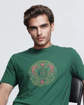 Rare Rabbit Men's Tig Olive Cotton Blend Graphic Print Regular Fit Half Sleeve Crew Neck T-Shirt