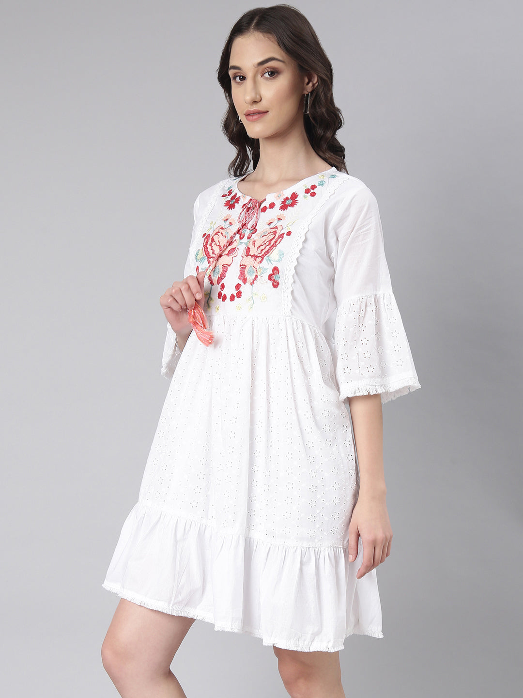 Women's White Floral Tie-Up Neck A-Line Maxi Dress