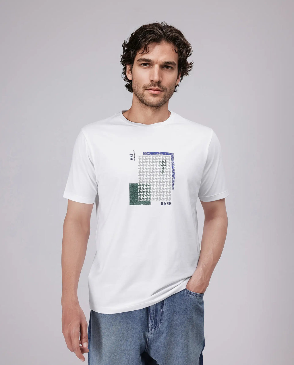 Rare Rabbit Men's Toid White Cotton Blend Graphic Print Regular Fit Half Sleeve Crew Neck T-Shirt