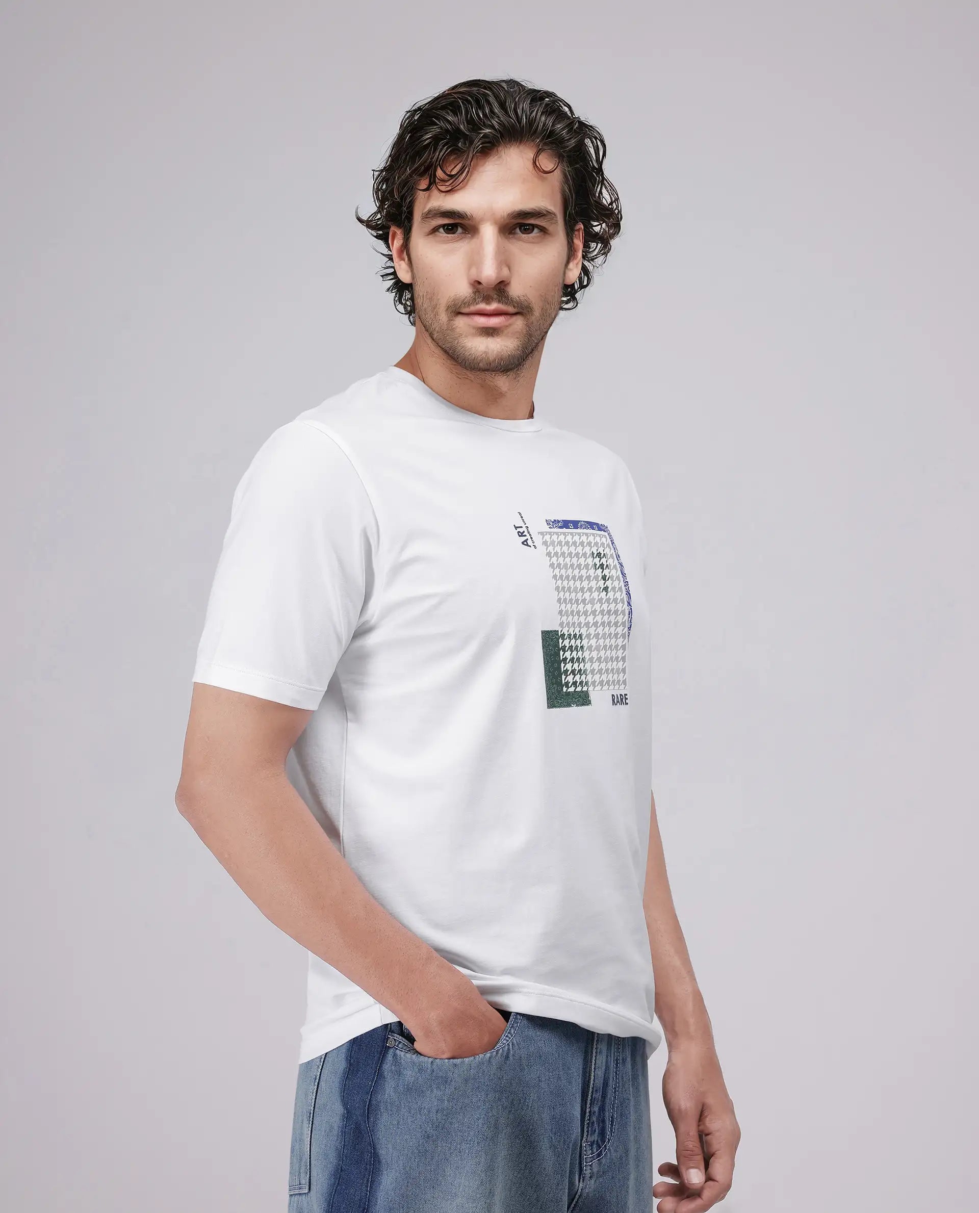 Rare Rabbit Men's Toid White Cotton Blend Graphic Print Regular Fit Half Sleeve Crew Neck T-Shirt