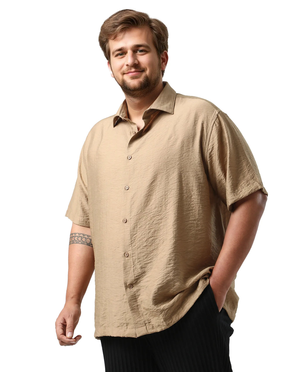 Rare Rabbit Men Torin Big Pastel Brown Viscose Blend Fabric Half Sleeve Spread Collar Button Closure Plain Shirt
