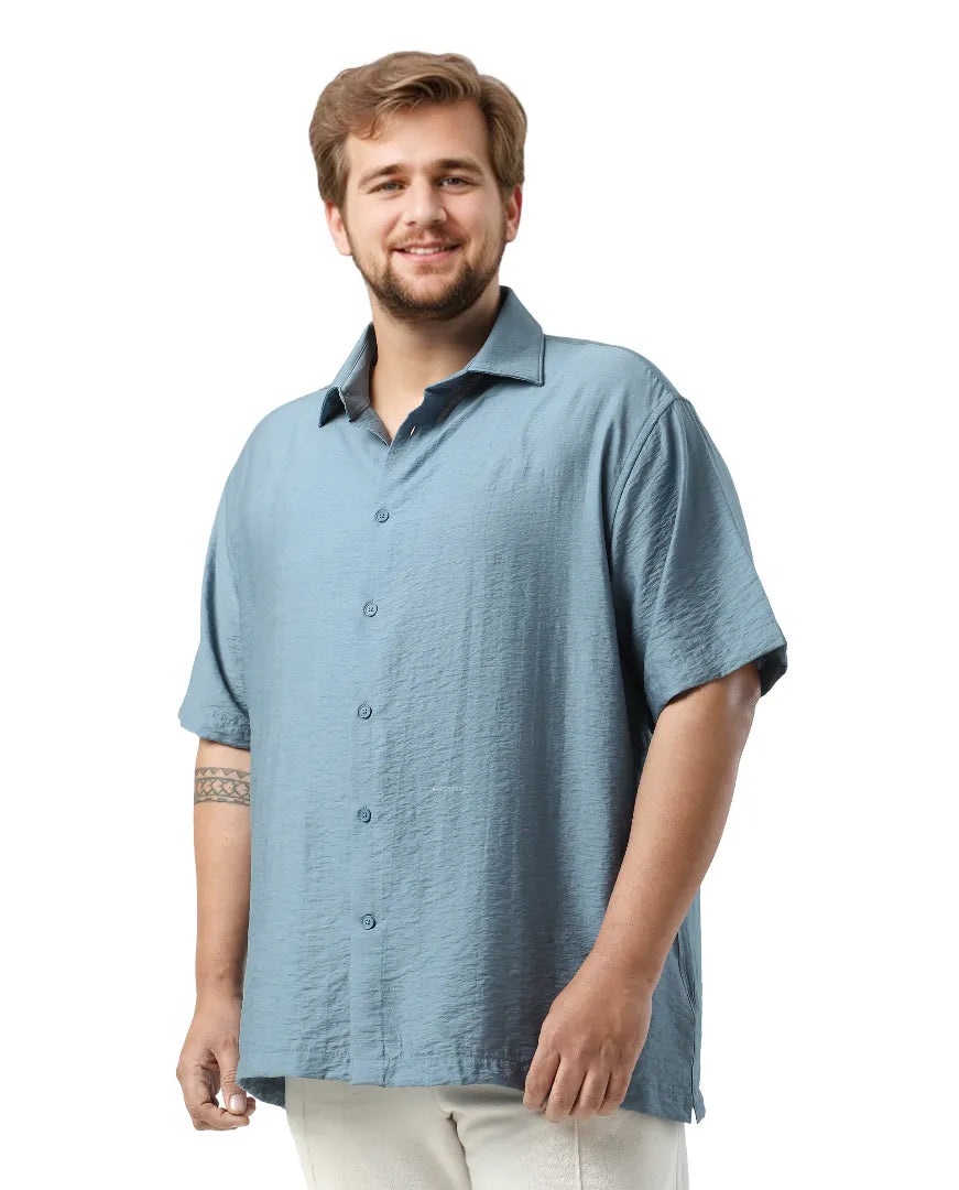 Rare Rabbit Men Torin Big Light Blue Viscose Blend Fabric Half Sleeve Spread Collar Button Closure Plain Shirt