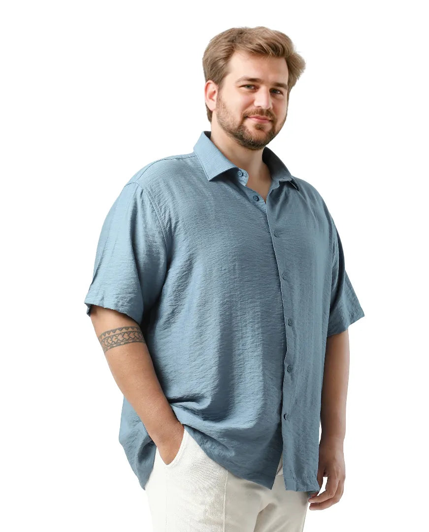 Rare Rabbit Men Torin Big Light Blue Viscose Blend Fabric Half Sleeve Spread Collar Button Closure Plain Shirt