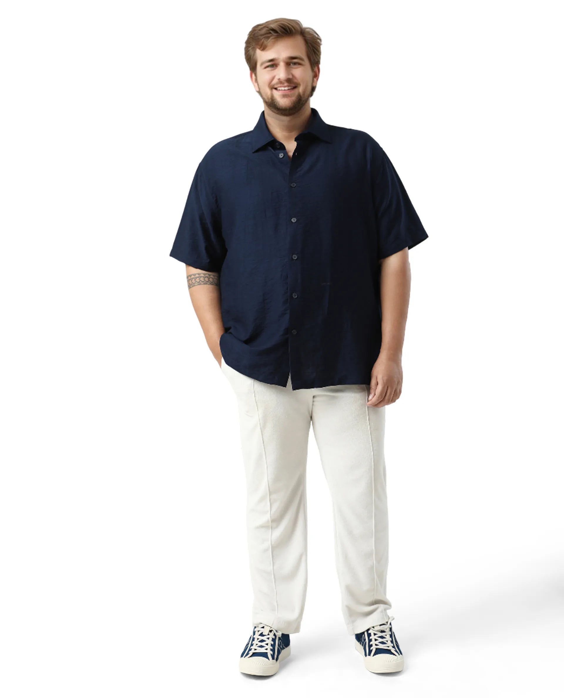 Rare Rabbit Men Torin Big Pastel Navy Viscose Blend Fabric Half Sleeve Spread Collar Button Closure Plain Shirt
