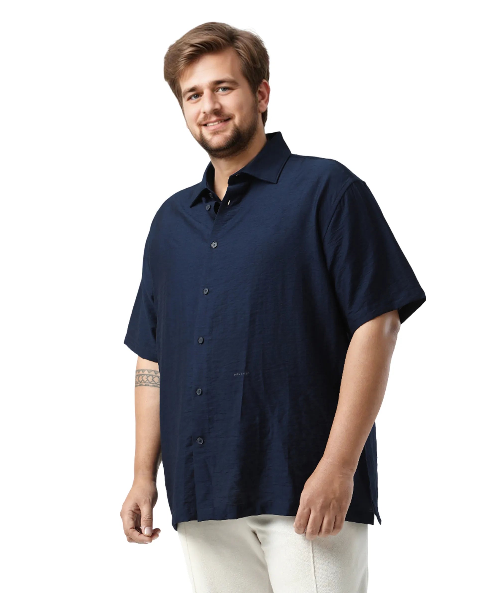 Rare Rabbit Men Torin Big Pastel Navy Viscose Blend Fabric Half Sleeve Spread Collar Button Closure Plain Shirt