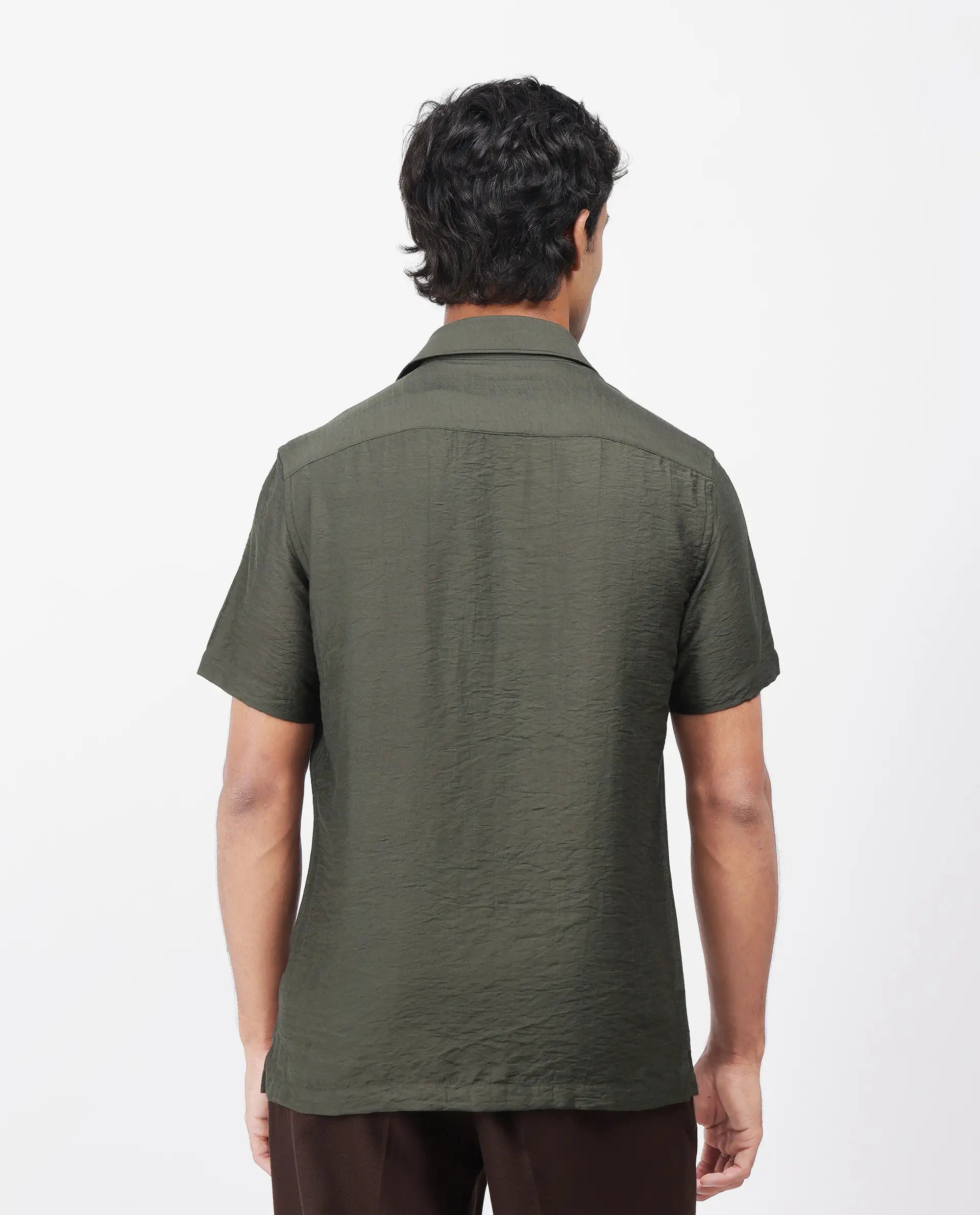 Rare Rabbit Men's Torit Dark Olive Viscose Blend Plain Regular Fit Half Sleeve Collared Shirt