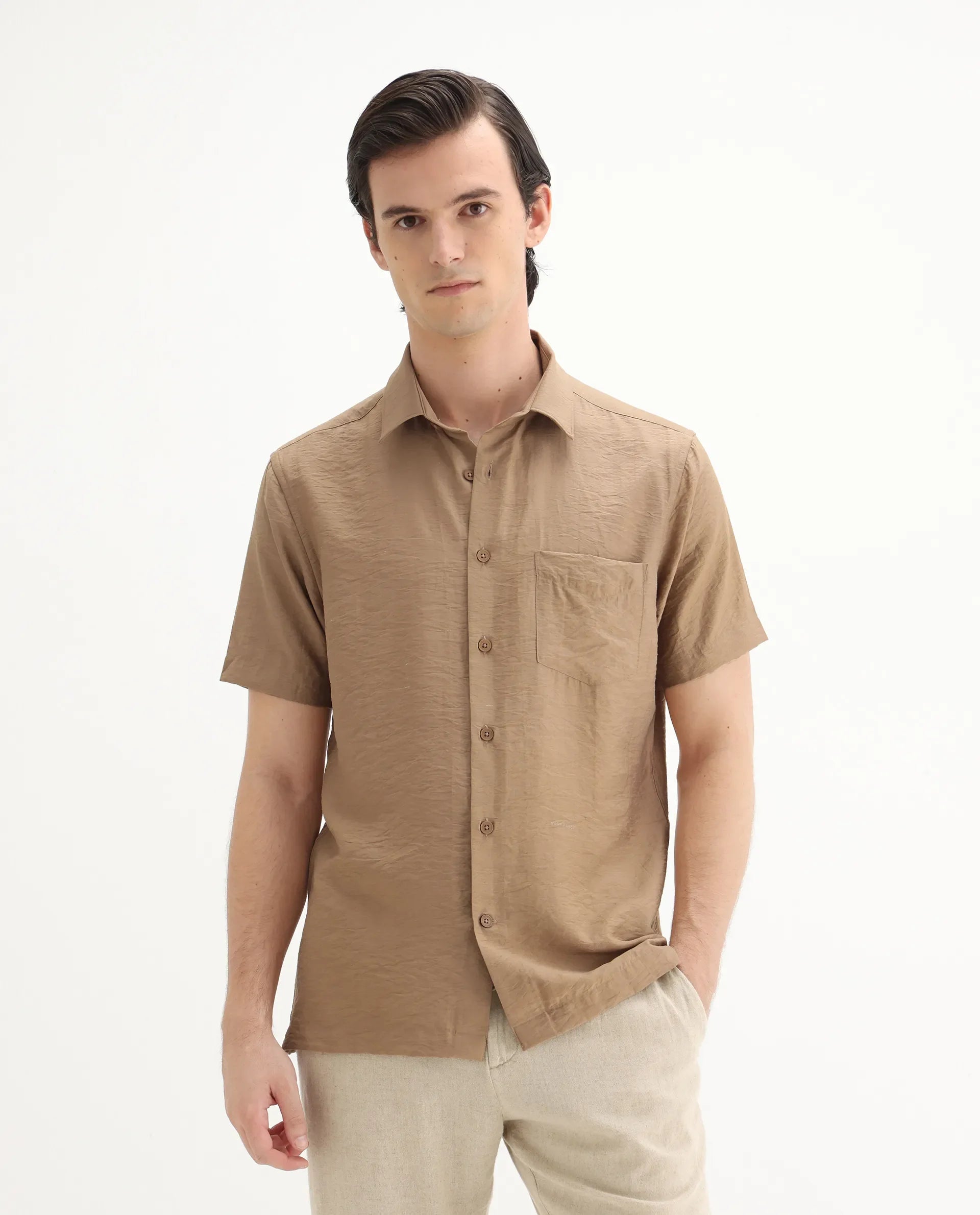 Rare Rabbit Men's Torit Pastel Brown Viscose Blend Plain Regular Fit Half Sleeve Collared Shirt