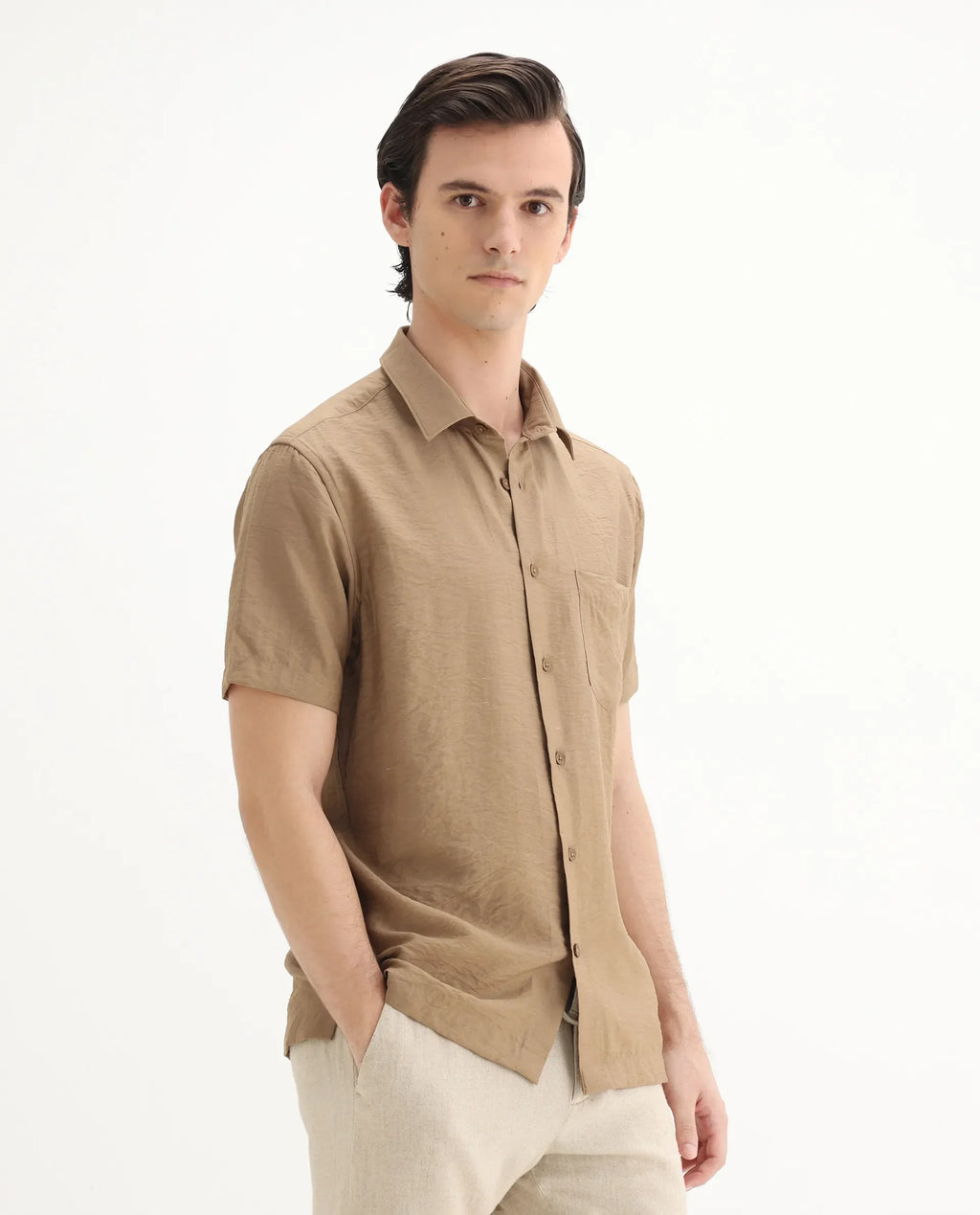 Rare Rabbit Men's Torit Pastel Brown Viscose Blend Plain Regular Fit Half Sleeve Collared Shirt