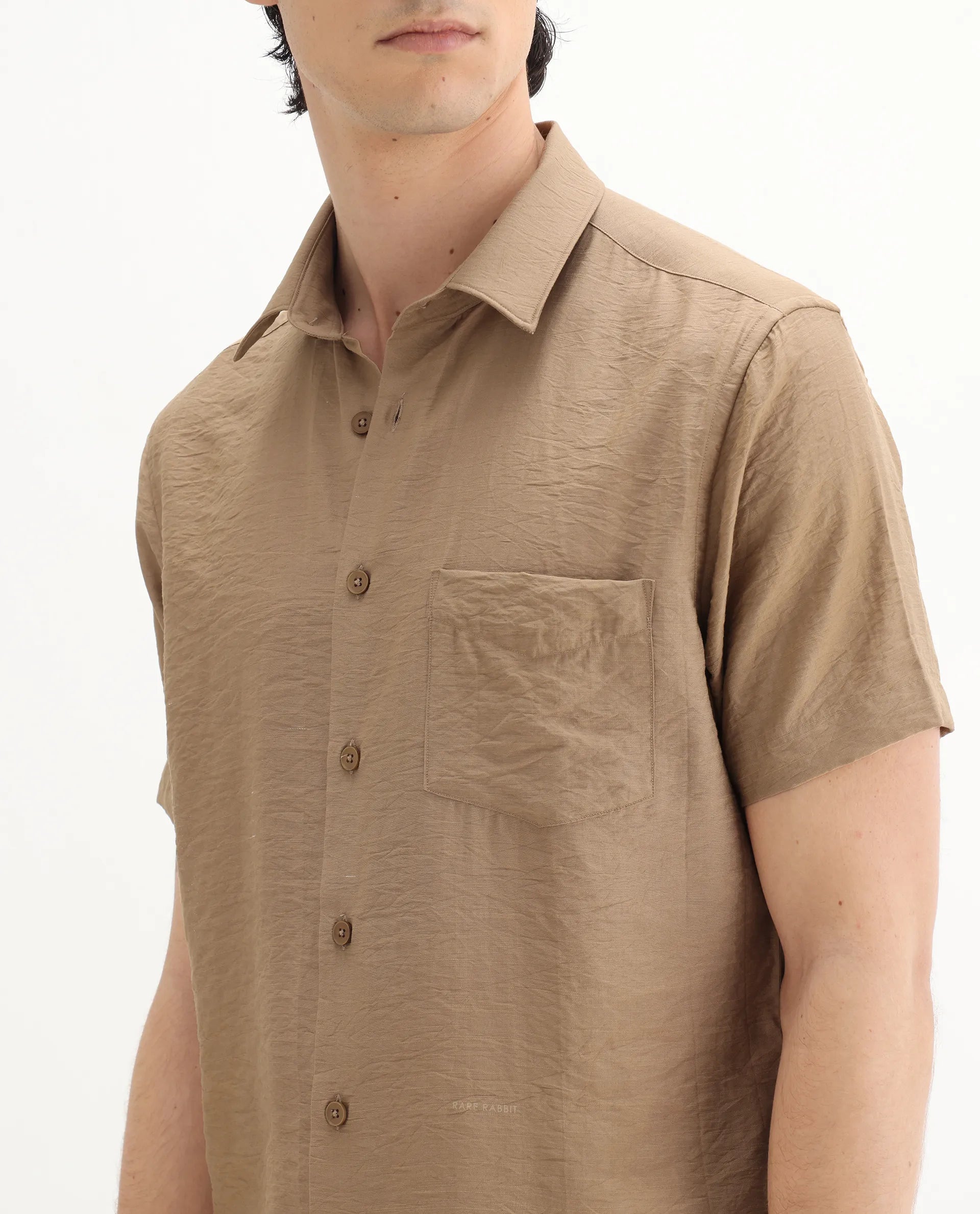 Rare Rabbit Men's Torit Pastel Brown Viscose Blend Plain Regular Fit Half Sleeve Collared Shirt