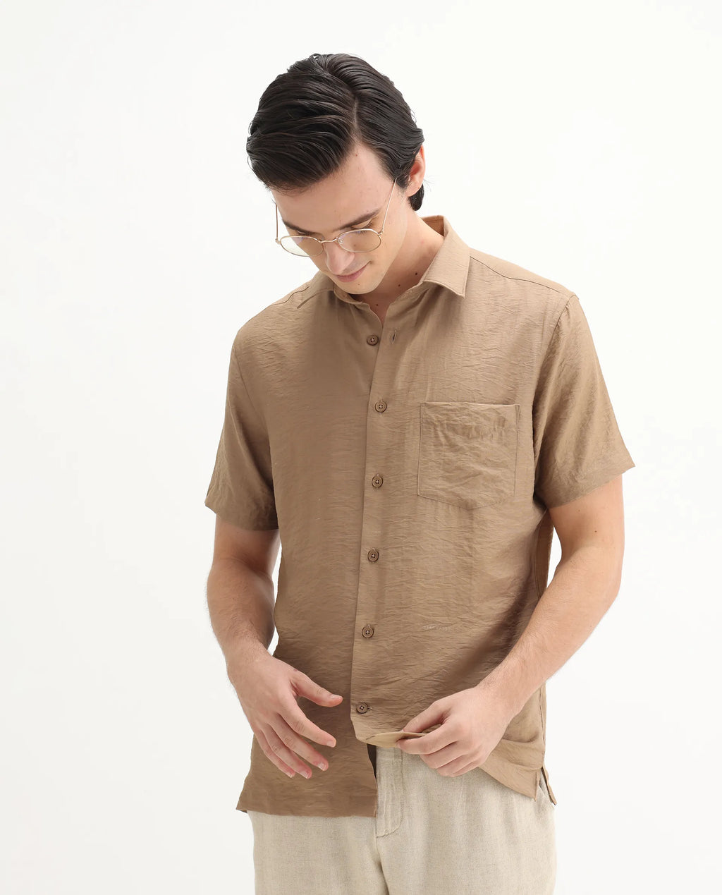 Rare Rabbit Men's Torit Pastel Brown Viscose Blend Plain Regular Fit Half Sleeve Collared Shirt