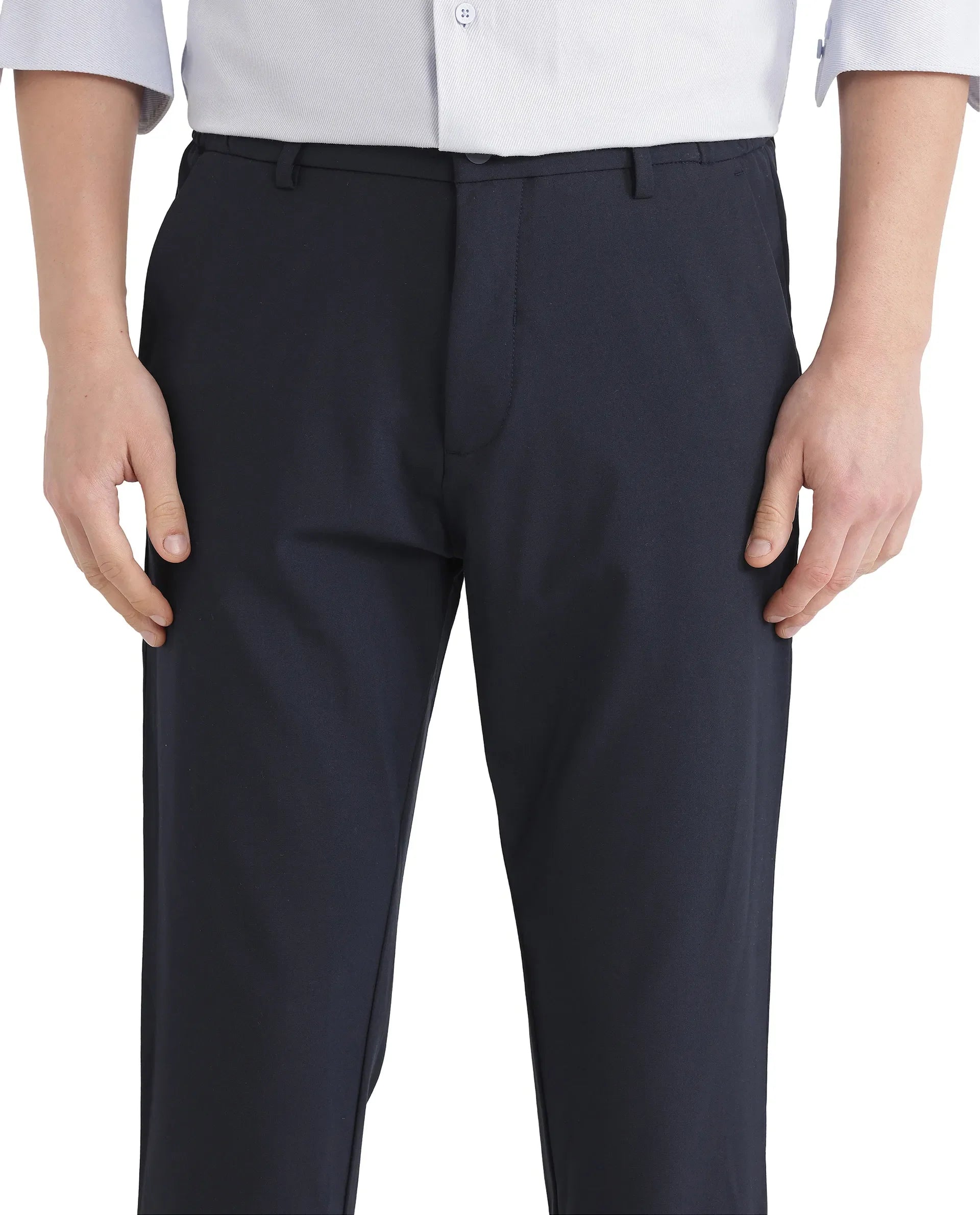 Rare Rabbit Men's Travel 26 Navy Polyester Blend Plain Regular Fit Trouser