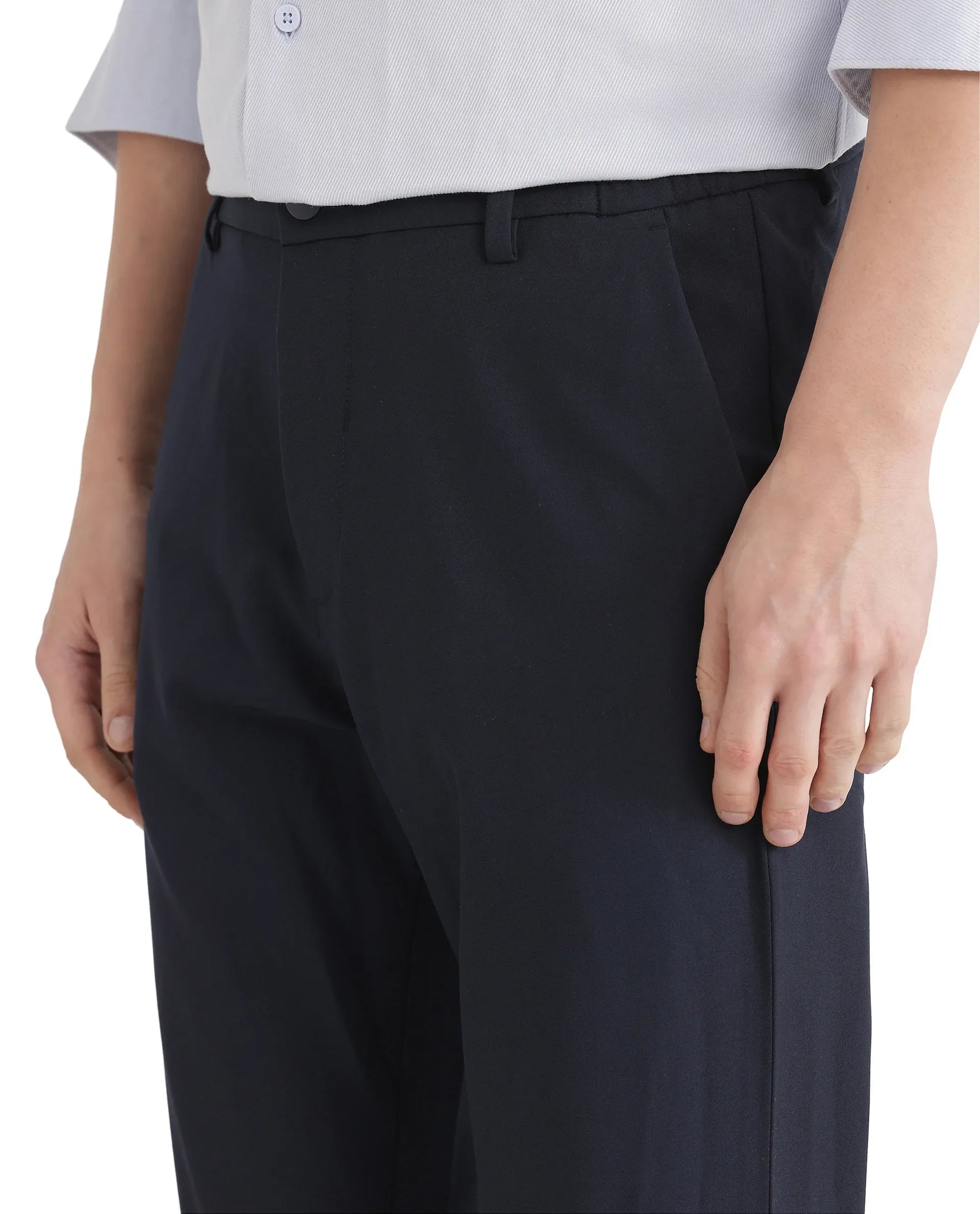 Rare Rabbit Men's Travel 26 Navy Polyester Blend Plain Regular Fit Trouser