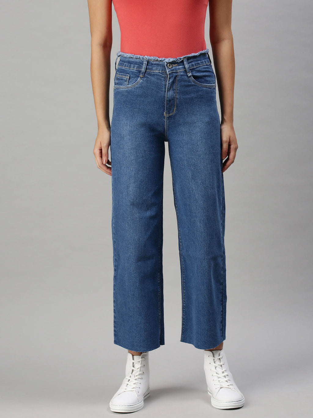 Women's Blue Wide Leg High-Rise Clean Look Stretchable Jeans with Belt Loops