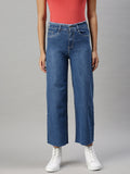 Women's Blue Wide Leg High-Rise Clean Look Stretchable Jeans with Belt Loops