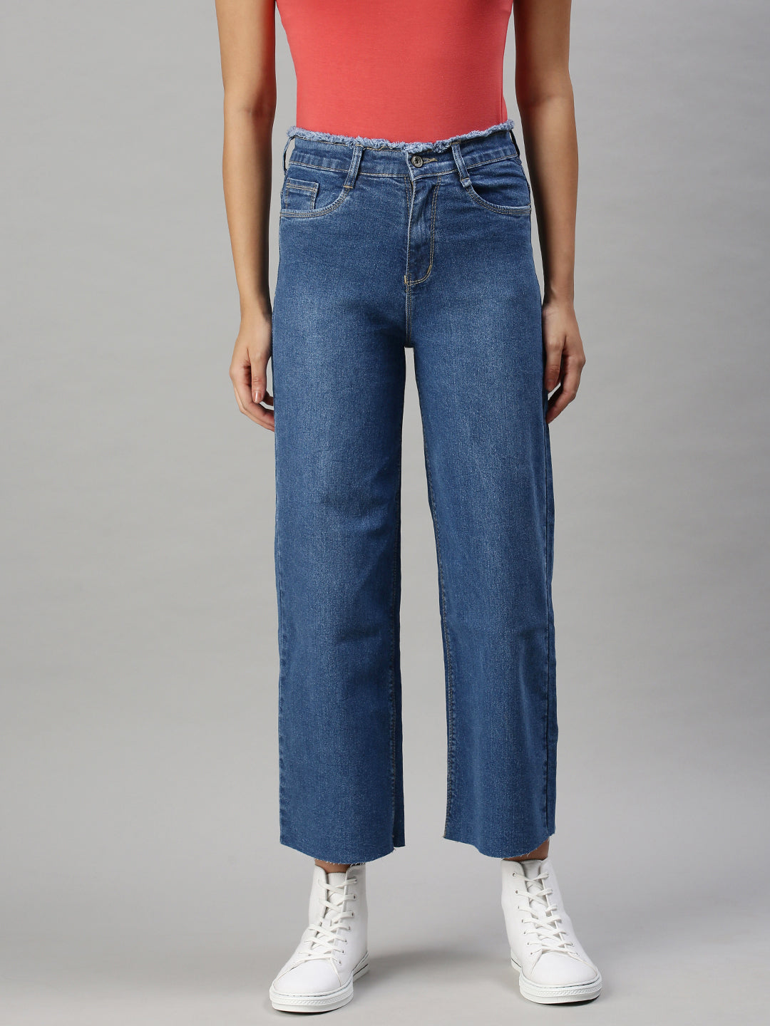 Women's Blue Wide Leg High-Rise Clean Look Stretchable Jeans with Belt Loops