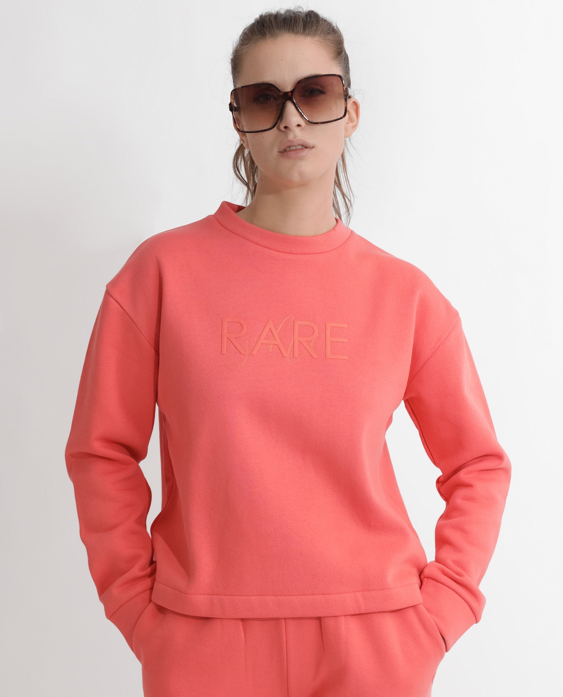 Rareism Women's Tupino Orange Polyester Blend Crew Neck Plain Cuffed Sleeve Relaxed Fit Sweatshirt