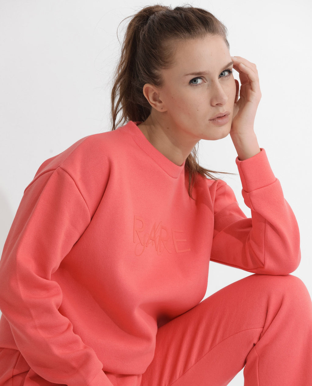Rareism Women's Tupino Orange Polyester Blend Crew Neck Plain Cuffed Sleeve Relaxed Fit Sweatshirt