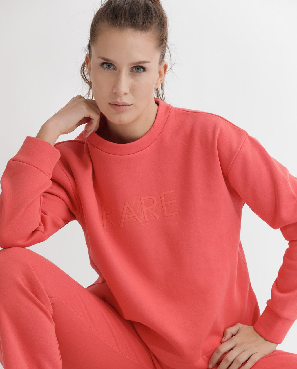 Rareism Women's Tupino Orange Polyester Blend Crew Neck Plain Cuffed Sleeve Relaxed Fit Sweatshirt