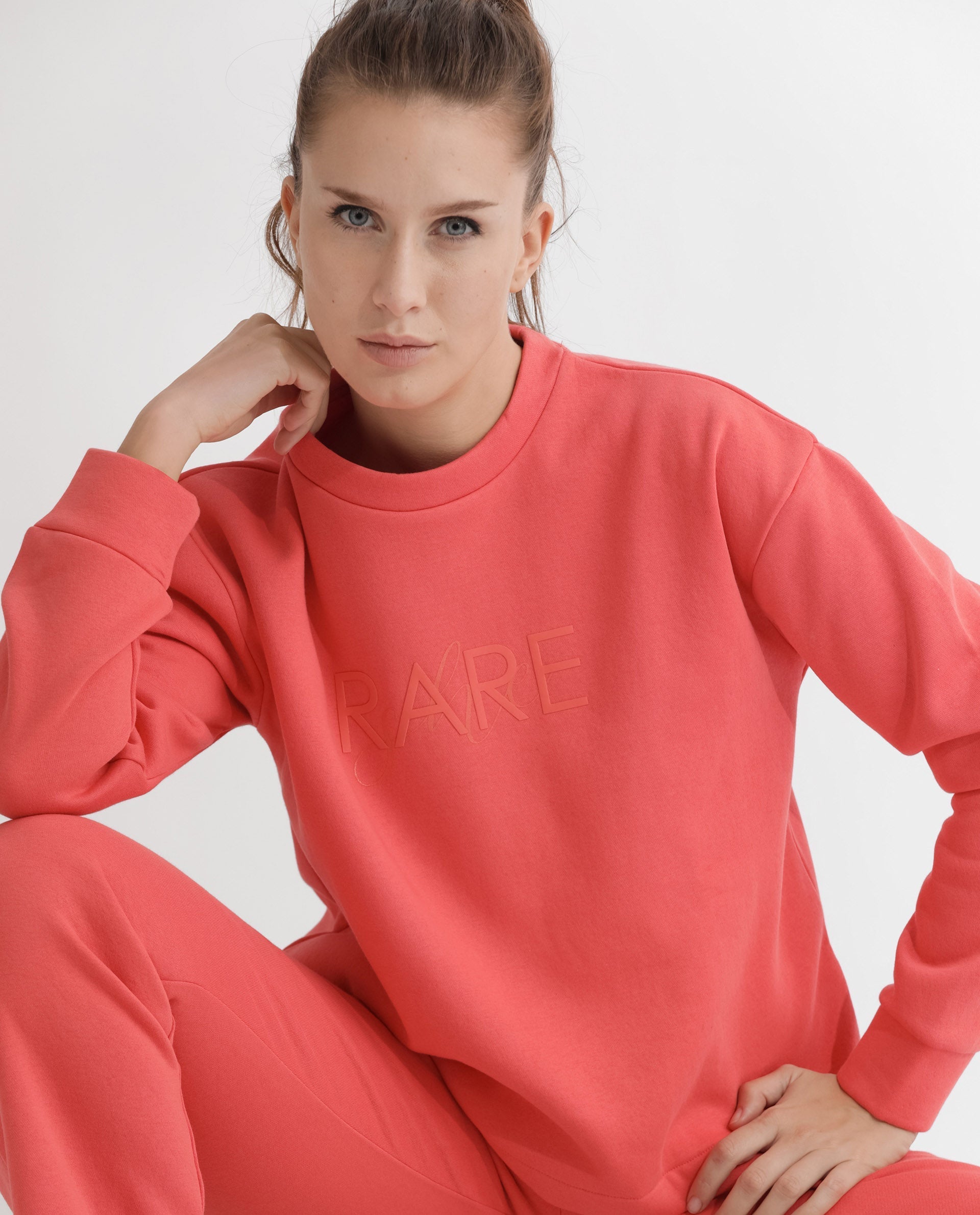 Rareism Women's Tupino Orange Polyester Blend Crew Neck Plain Cuffed Sleeve Relaxed Fit Sweatshirt