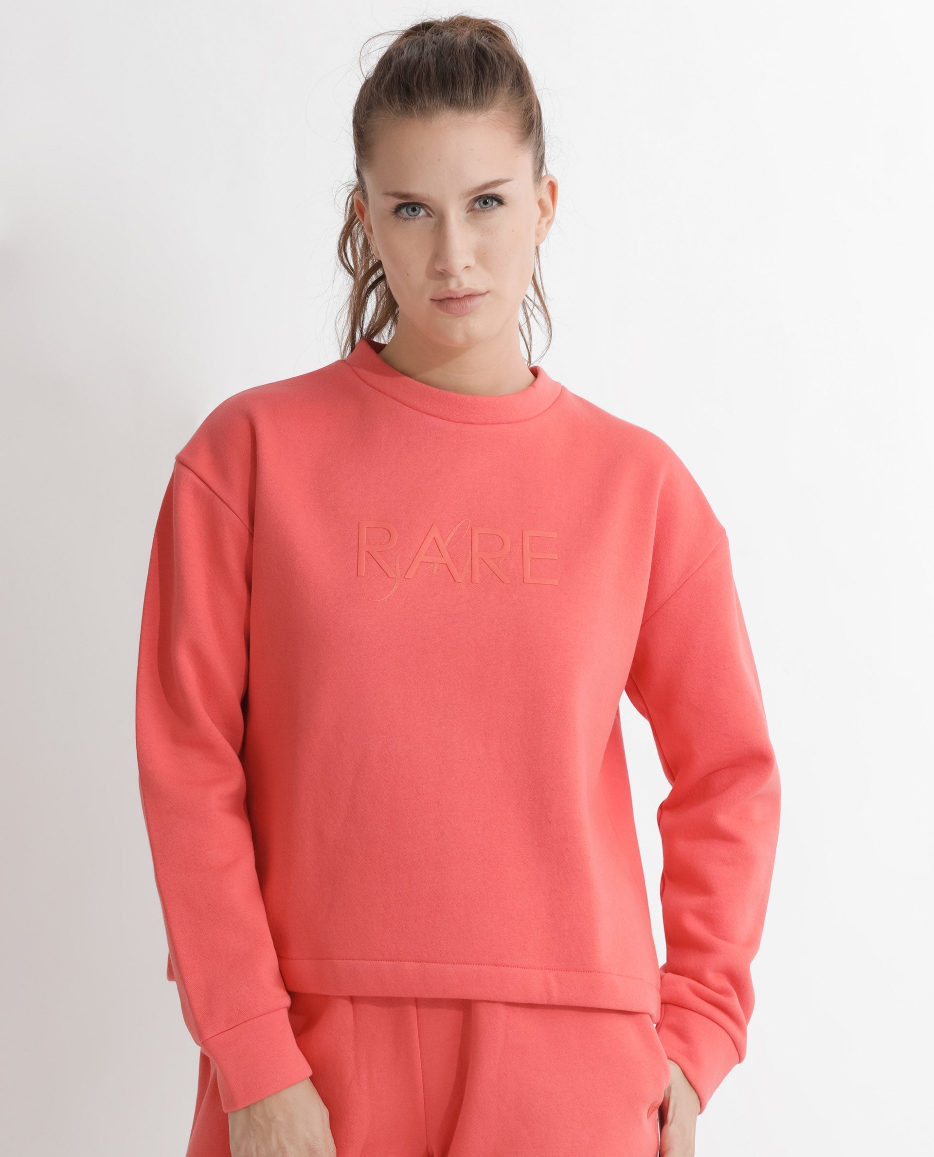 Rareism Women's Tupino Orange Polyester Blend Crew Neck Plain Cuffed Sleeve Relaxed Fit Sweatshirt