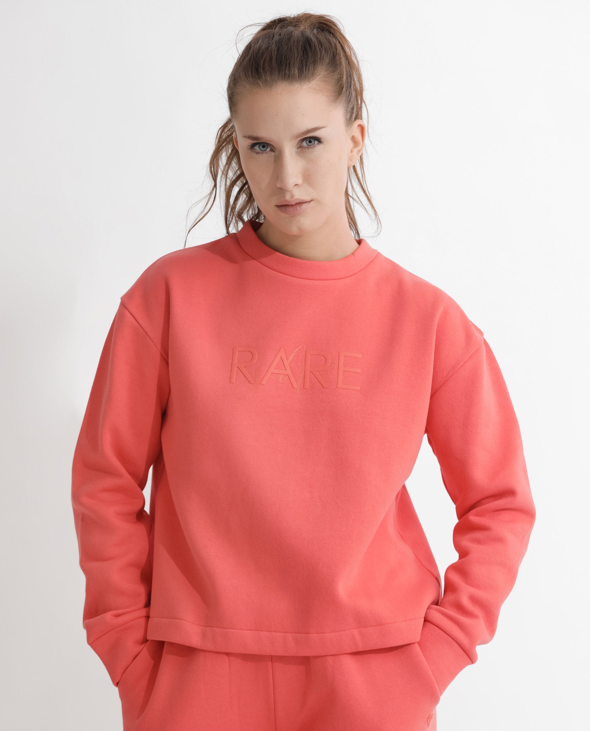 Rareism Women's Tupino Orange Polyester Blend Crew Neck Plain Cuffed Sleeve Relaxed Fit Sweatshirt