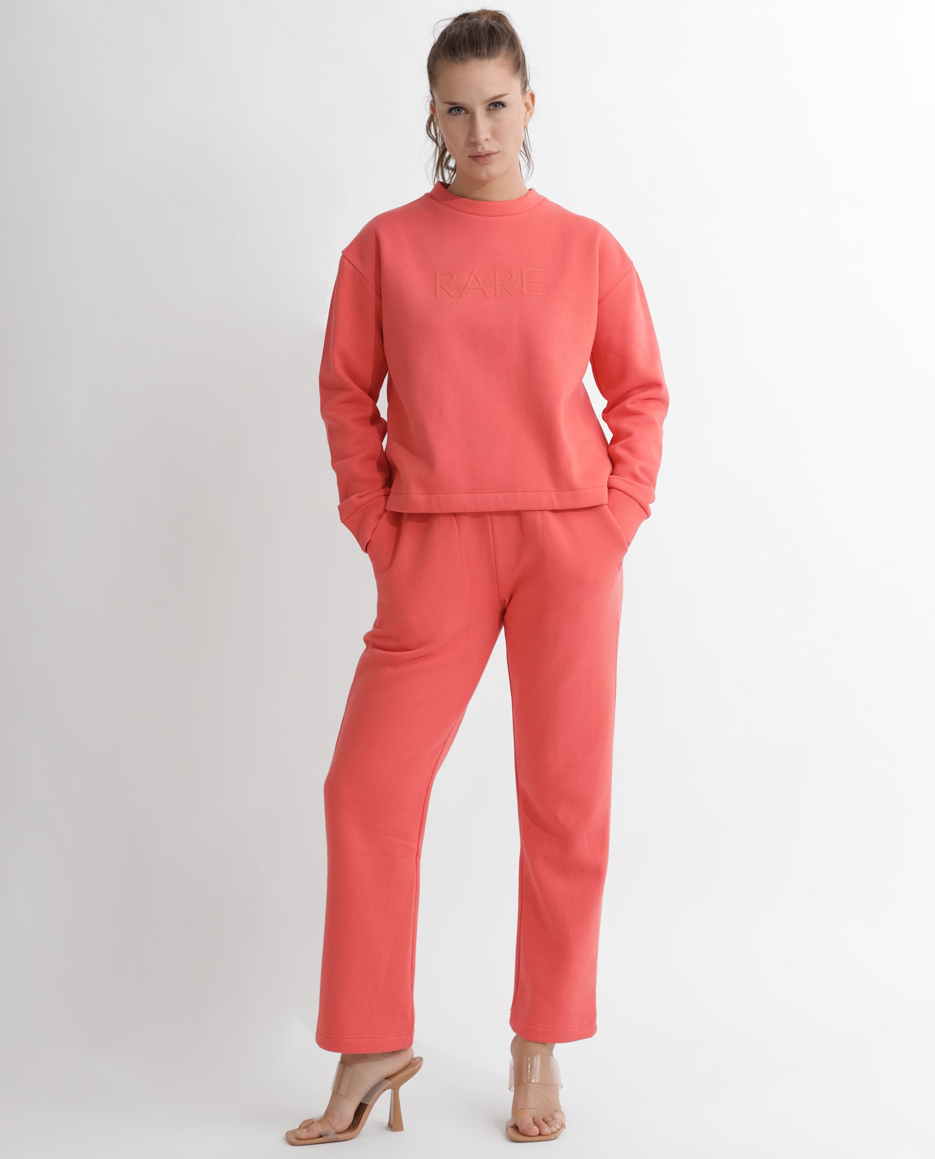 Rareism Women's Tupino Orange Polyester Blend Crew Neck Plain Cuffed Sleeve Relaxed Fit Sweatshirt