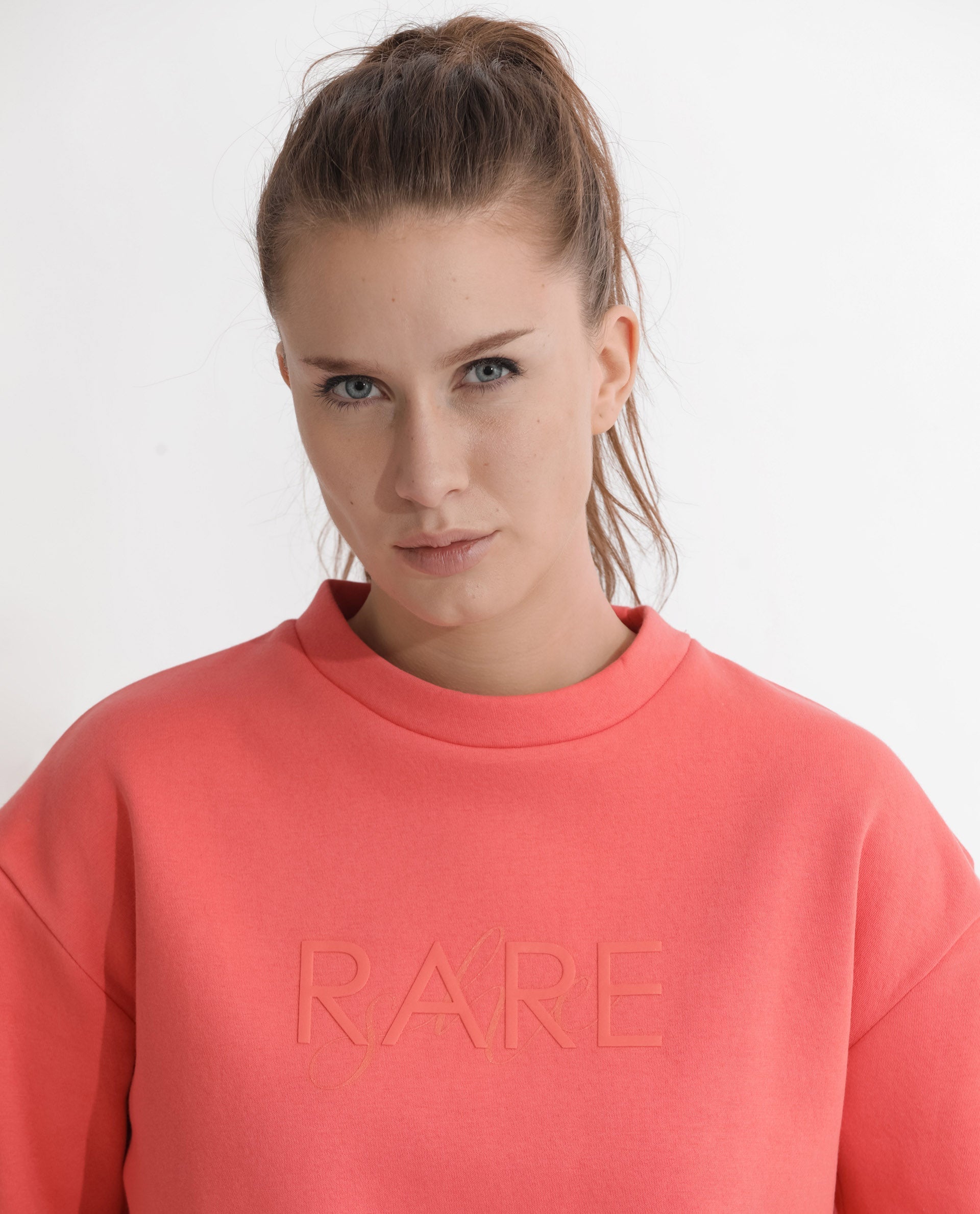 Rareism Women's Tupino Orange Polyester Blend Crew Neck Plain Cuffed Sleeve Relaxed Fit Sweatshirt
