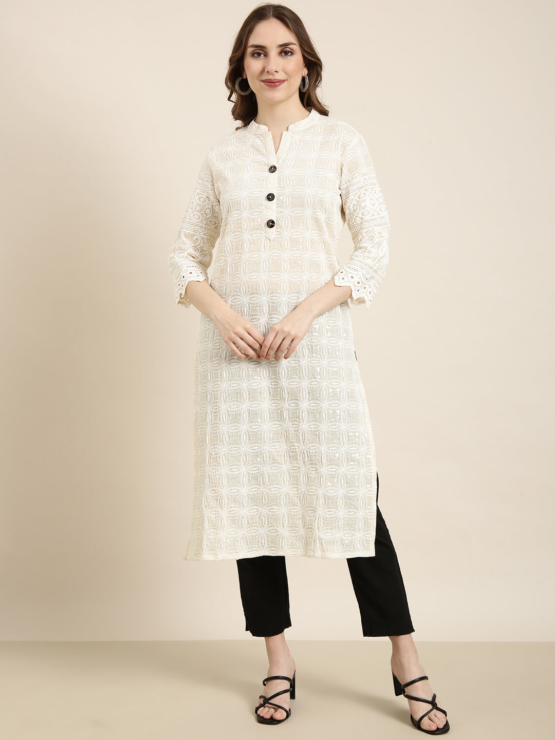 Women's Straight Cream Embellished Kurta