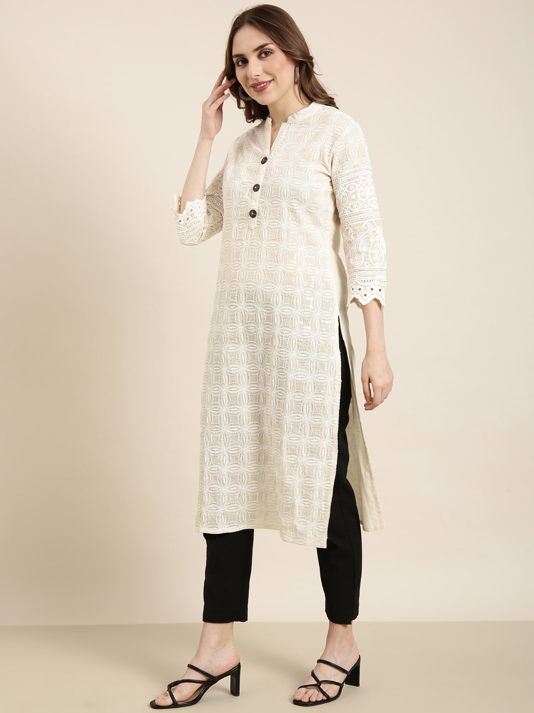 Women's Straight Cream Embellished Kurta
