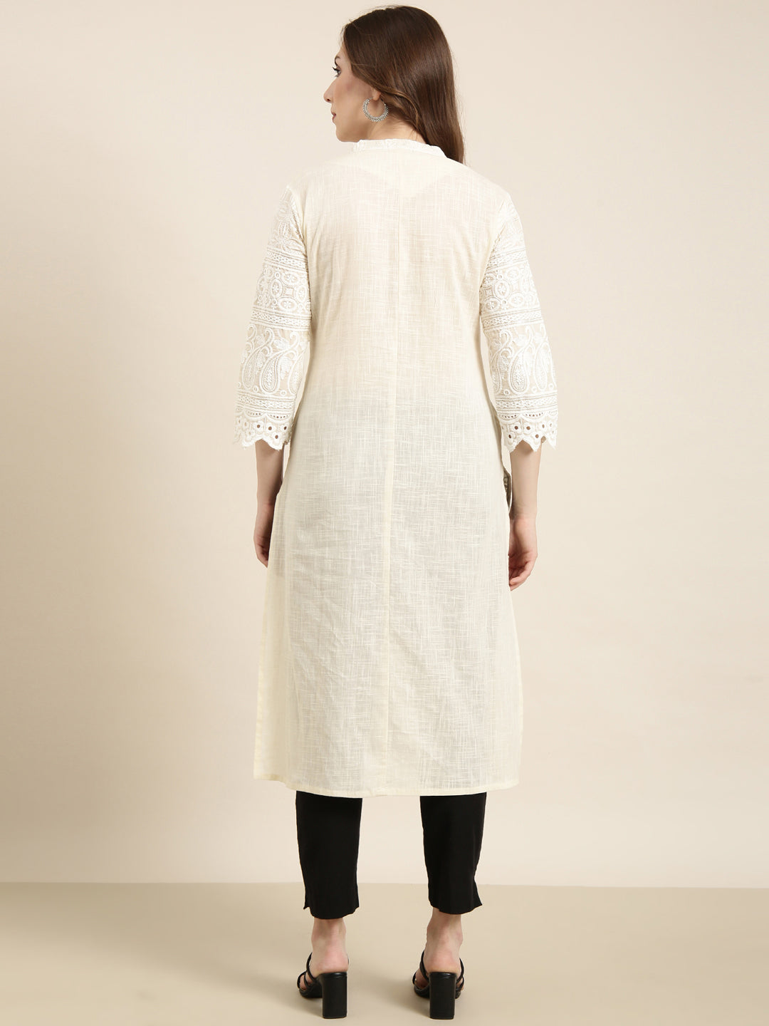 Women's Straight Cream Embellished Kurta