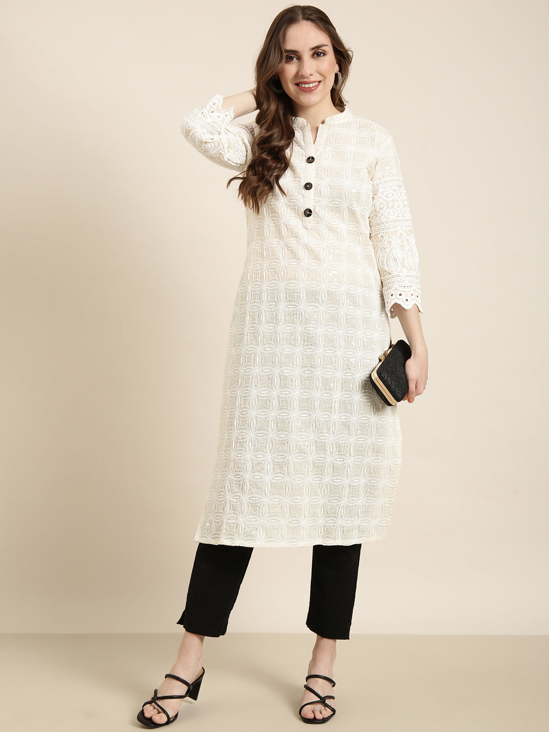Women's Straight Cream Embellished Kurta